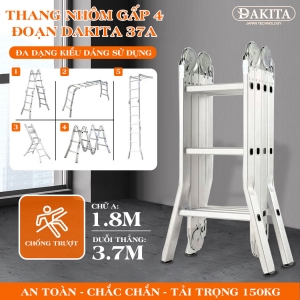 Thang Nhôm Gấp 4 Đoạn DAKITA DKT37A Chữ A 1.8m Cao Max 3.7m Nhôm Dày 1.5Ly