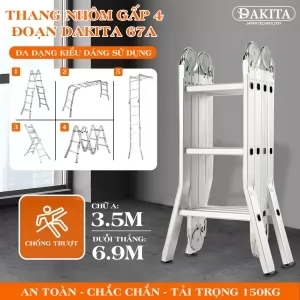 Thang Nhôm Gấp 4 Đoạn DAKITA DKT67A Chữ A 3.5m Cao Max 6.9m Nhôm Dày 1.5Ly